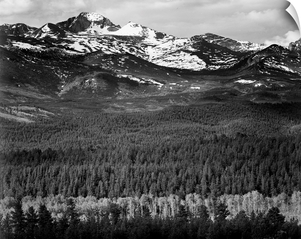 Long's Peak from Road. Rocky Mountain National Park, panorama of trees and snow-capped mountains.