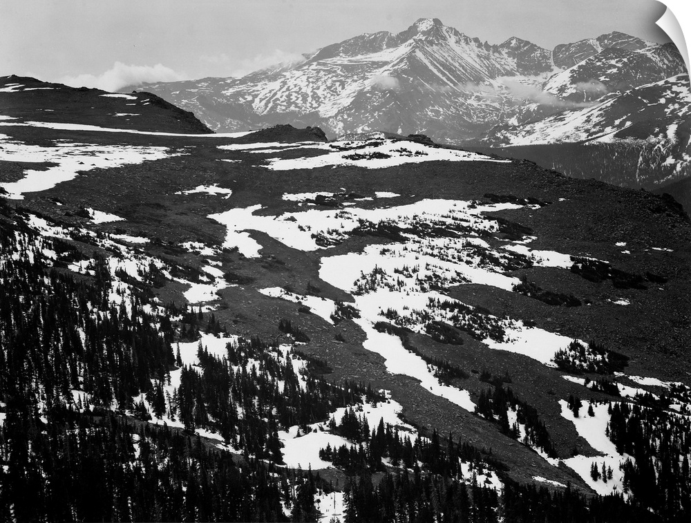 Long's Peak, Rocky Mountain National Park, panorama of plateau, snow covered mountain in background.