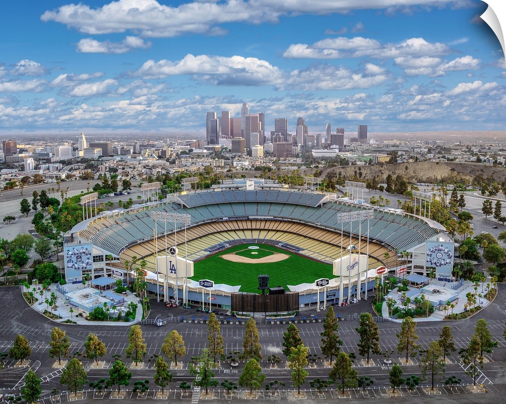 Aerial view of the Dodger Stadium with the Los Angeles skyline in the distance, California.