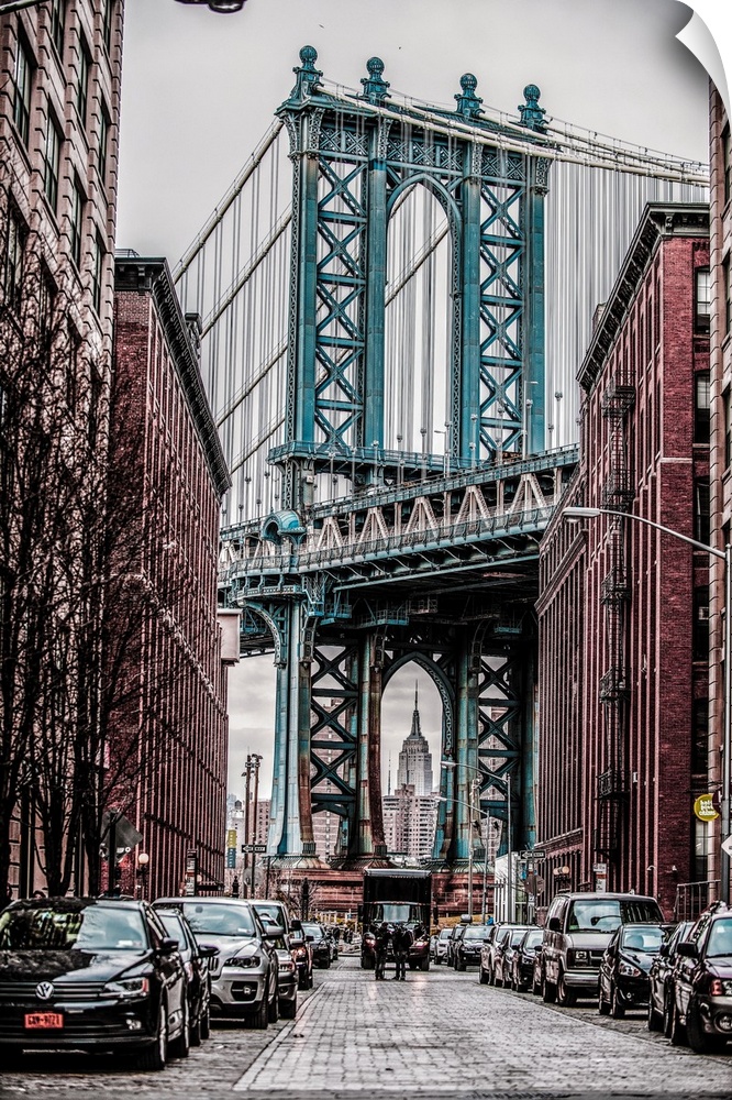 View of Manhattan Bridge from Washington Street in New York City.