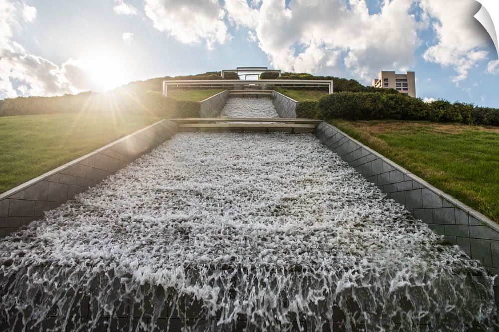The waterfall cascading down the thirty-foot-tall mount that anchors McGovern Centennial Gardens in Houston.