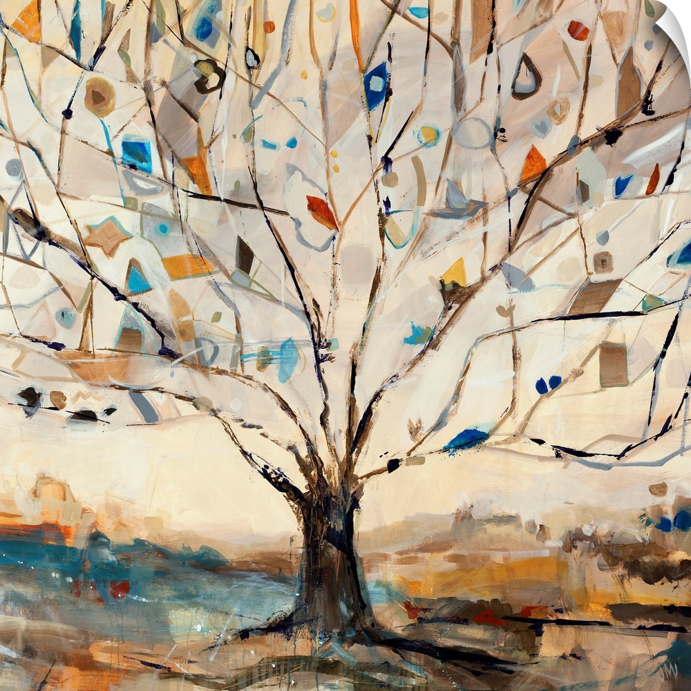 Large square contemporary art displays a Merkaba tree filled with birds that is surrounded by a desolate landscape.