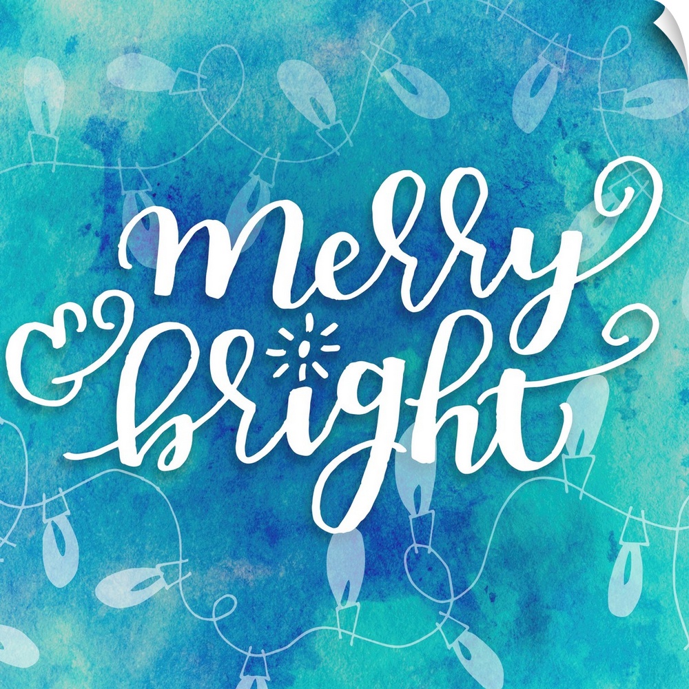 Handlettered text reading "Merry and Bright" on a blue background with Christmas lights.