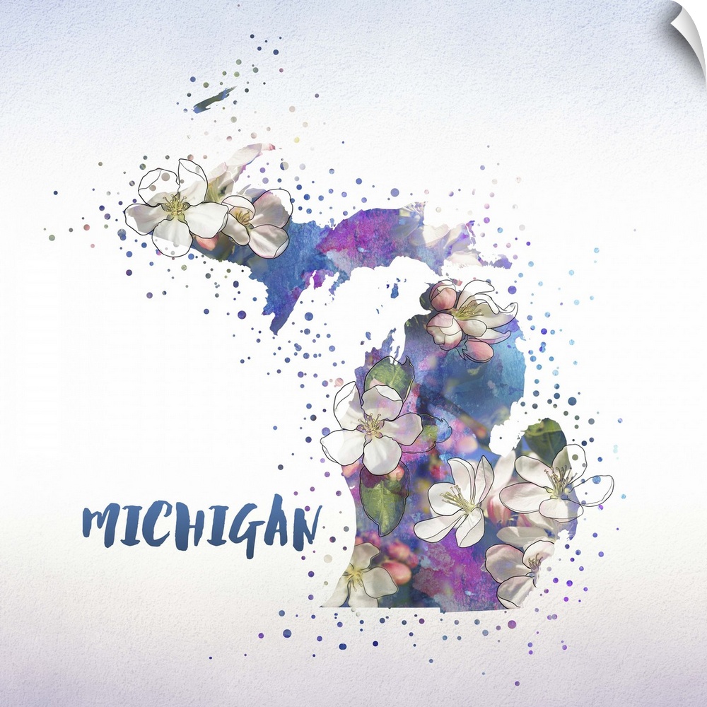 Outline of the state of Michigan filled with its state flower, the Apple Blossom.