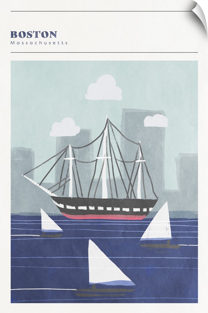 Vertical modern illustration of sailboats in the Boston Harbor.