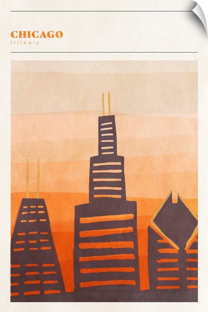 Vertical modern illustration of the Chicago skyline in orange shades.