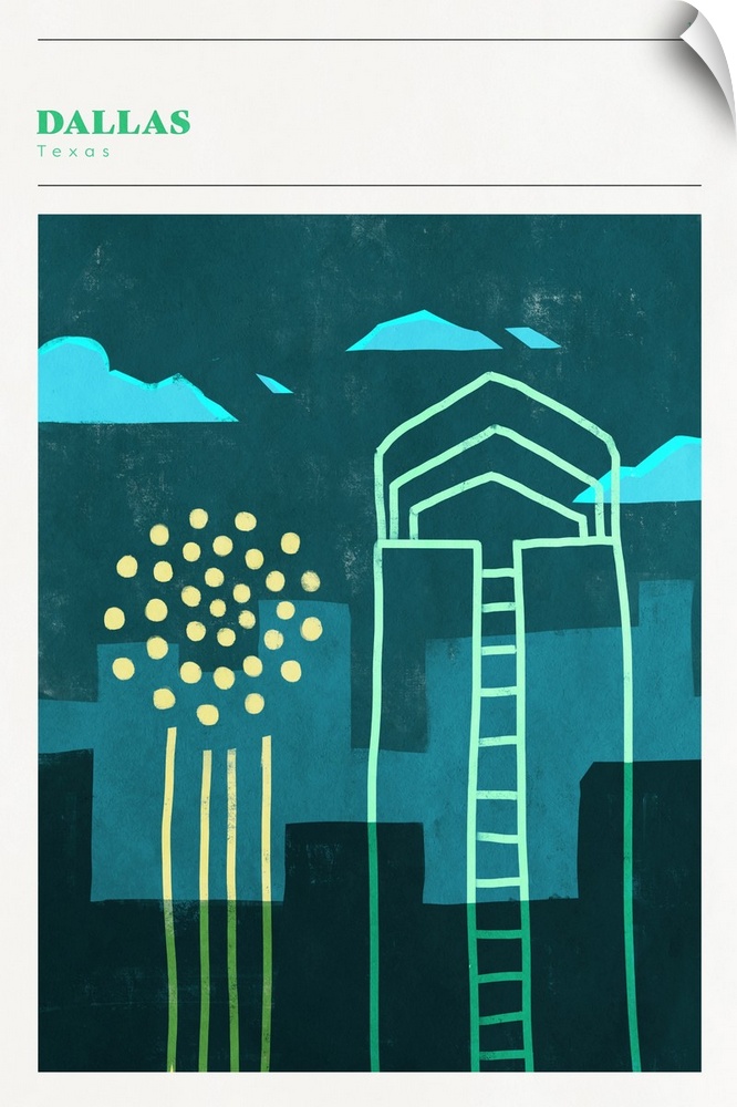 Vertical modern illustration of the the city skyline of Dallas, Texas in shades of blue and green.
