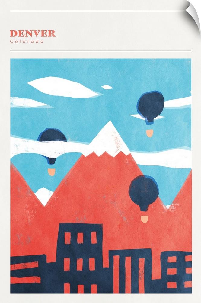 Vertical modern illustration of the city of Denver with the Rocky Mountains and hot air balloons behind it.