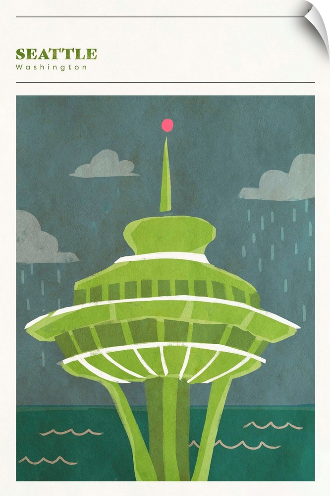 Vertical modern illustration of the Space Needle in Seattle, WA in shades of green.
