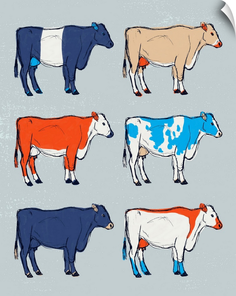 A modern illustration of multi-colored cows on a grey backdrop.