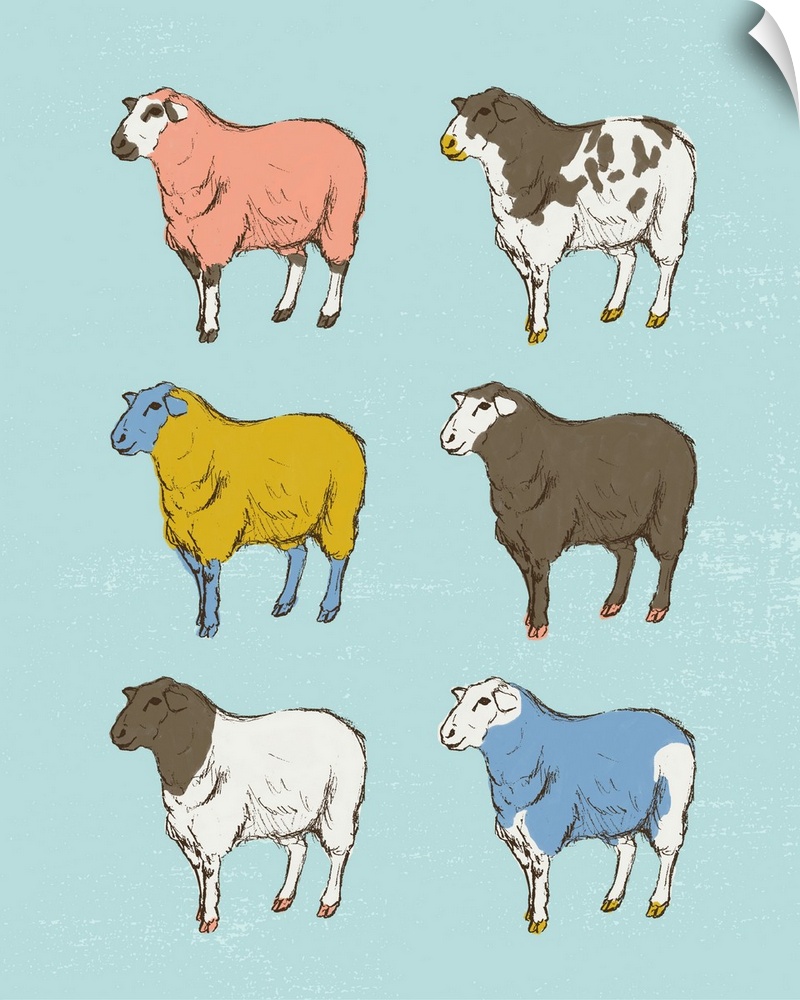 A modern illustration of multi-colored sheep on a blue backdrop.