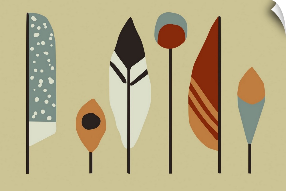 Horizontal illustration of a row of feathers in a modern style on a brown backdrop.