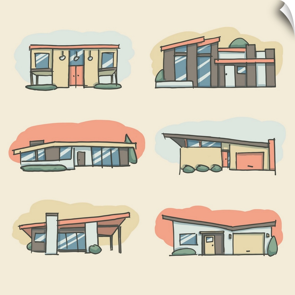 Illustration of a group of houses in a retro style.