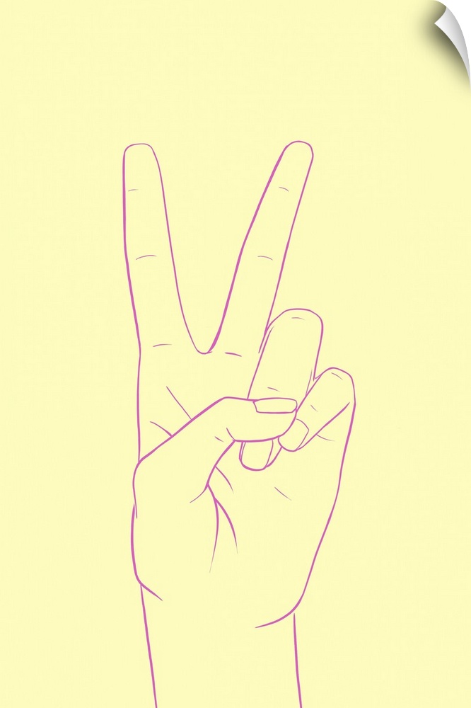 Vertical illustration of a hand outlined in purple, making a peace sign, on a yellow backdrop.