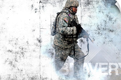 Military Grunge Poster: Bravery. A soldier races through a smoke screen