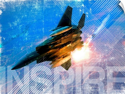 Military Grunge Poster: Inspire. An F-15E Eagle pops flares during a combat sortie