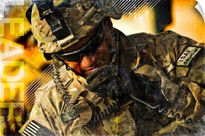 Military Grunge Poster: Leaders. U.S. Army soldier communicates to his crew on his radio