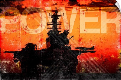 Military Grunge Poster: Power. The setting sun silhouettes the  USS Makin Island