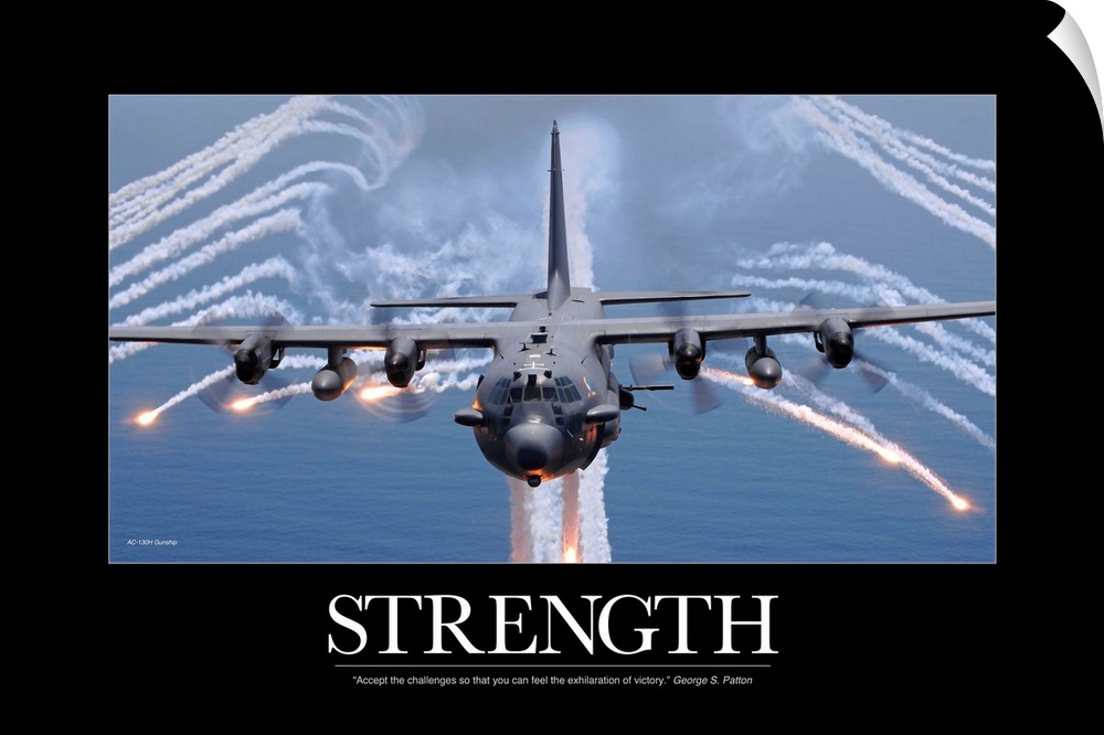 Big canvas of a military plane firing flares with the text "Strength" at the bottom.