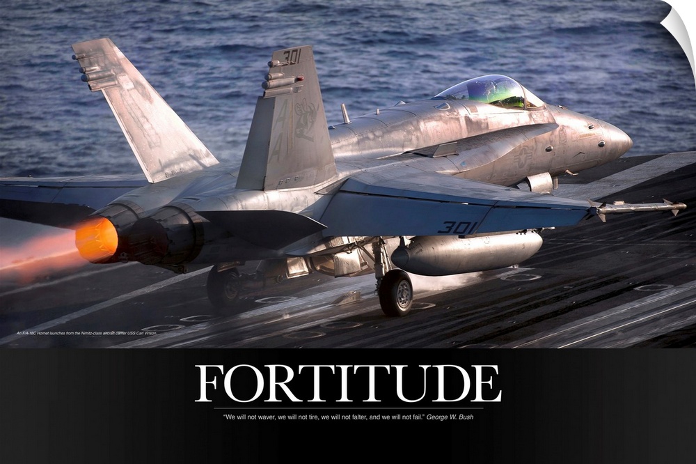 Military Motivational Poster: An F/A-18C Hornet launches from the aircraft carrier