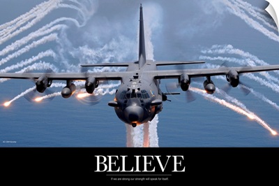 Military Poster: An AC-130H Gunship aircraft jettisons flares as a countermeasure