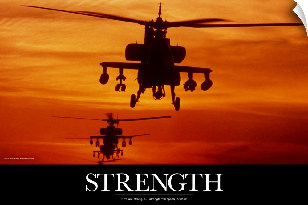 Three military helicopters are photographed during a sunset and has the word "Strength" written in bold white text below.