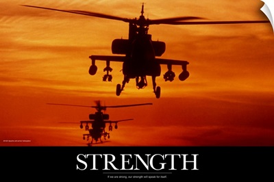 Military Poster: Four AH-64 Apache anti-armor helicopters fly in formation at dusk