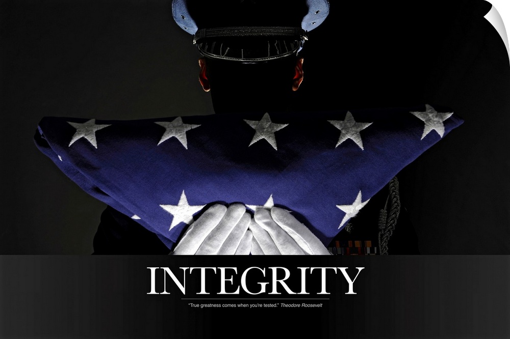 A silhouette of a soldier is shown as he holds up a folded American flag. The word "Integrity" is written below.