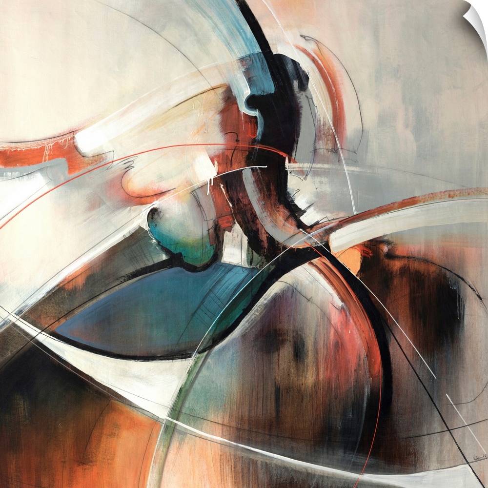 This contemporary painting is an abstract blend and swirl of shapes on square shaped wall art.