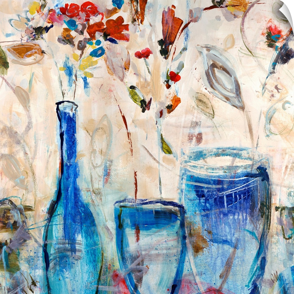 Contemporary painting of three glass vases holding a few flowers, done in a quick gesture style.
