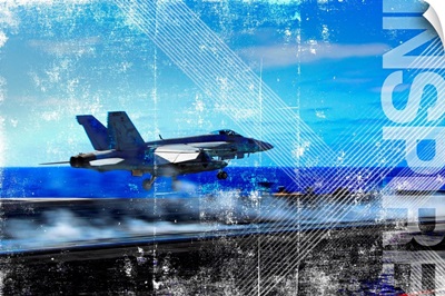 Motivational Grunge Poster: An F/A-18E Super Hornet catapults from an aircraft carrier
