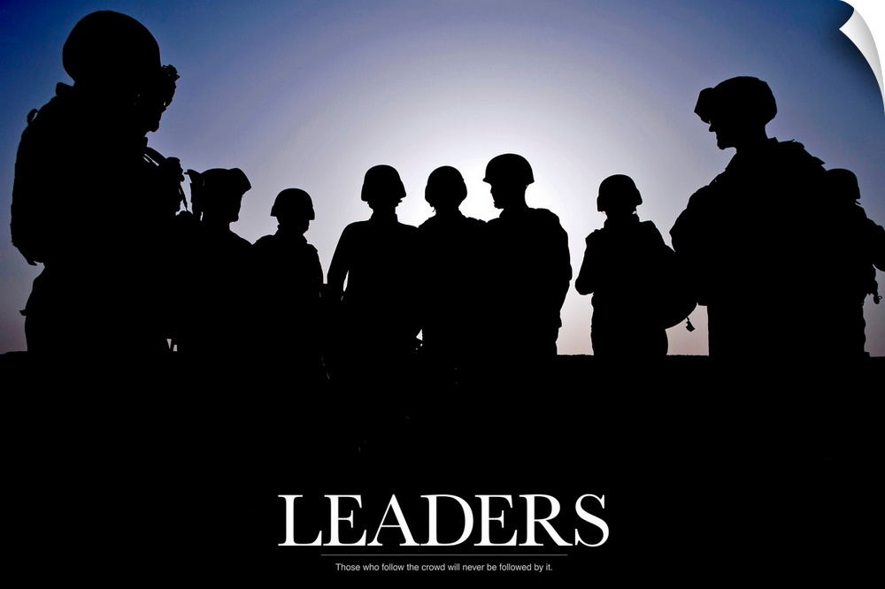 Large photo of the silhouette of soldiers standing against a clear sky with text at the bottom.