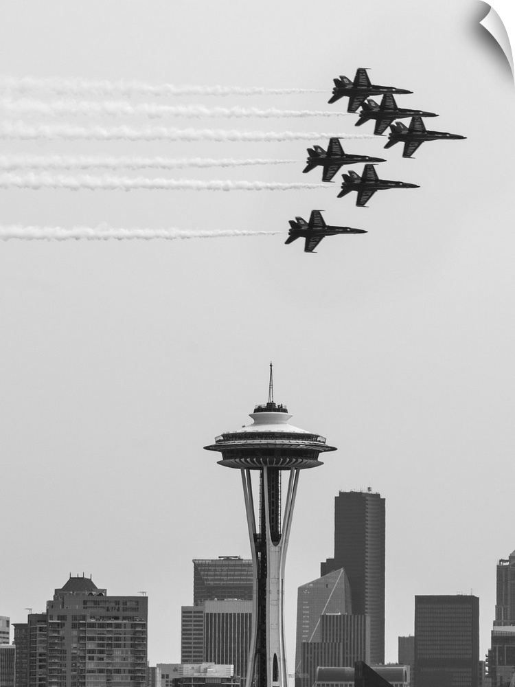 Black and white photograph of Navy jets flying over the Seattle Space Needle.