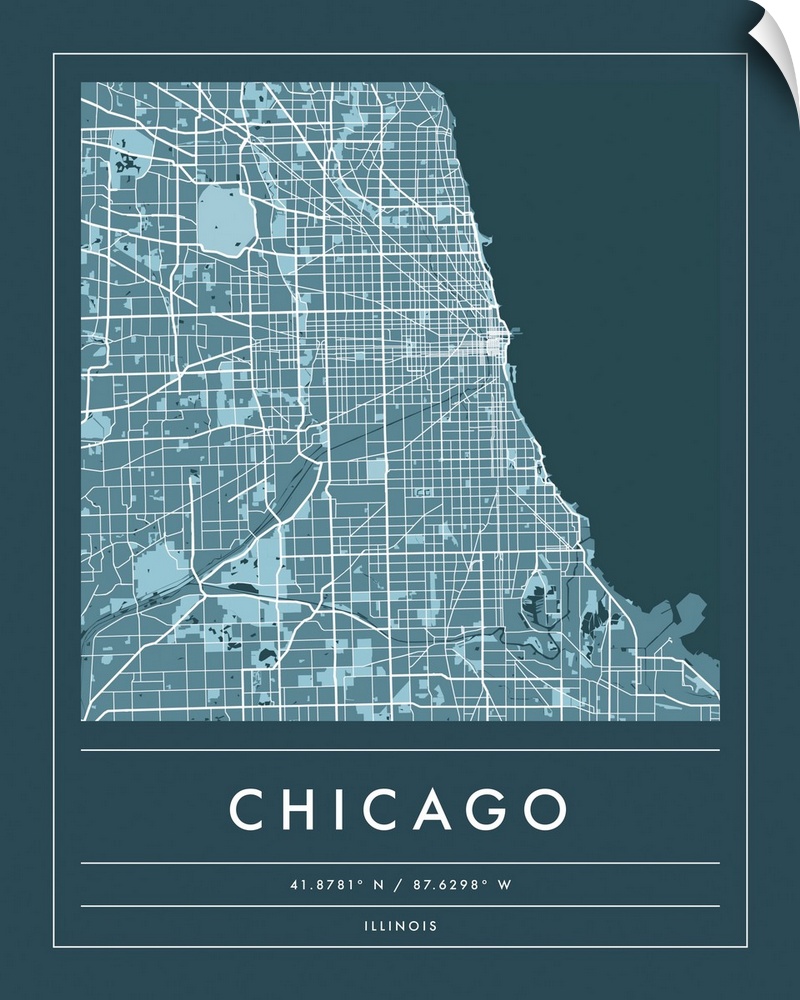 Navy minimal city map of Chicago, Illinois, USA with longitude and latitude coordinates.