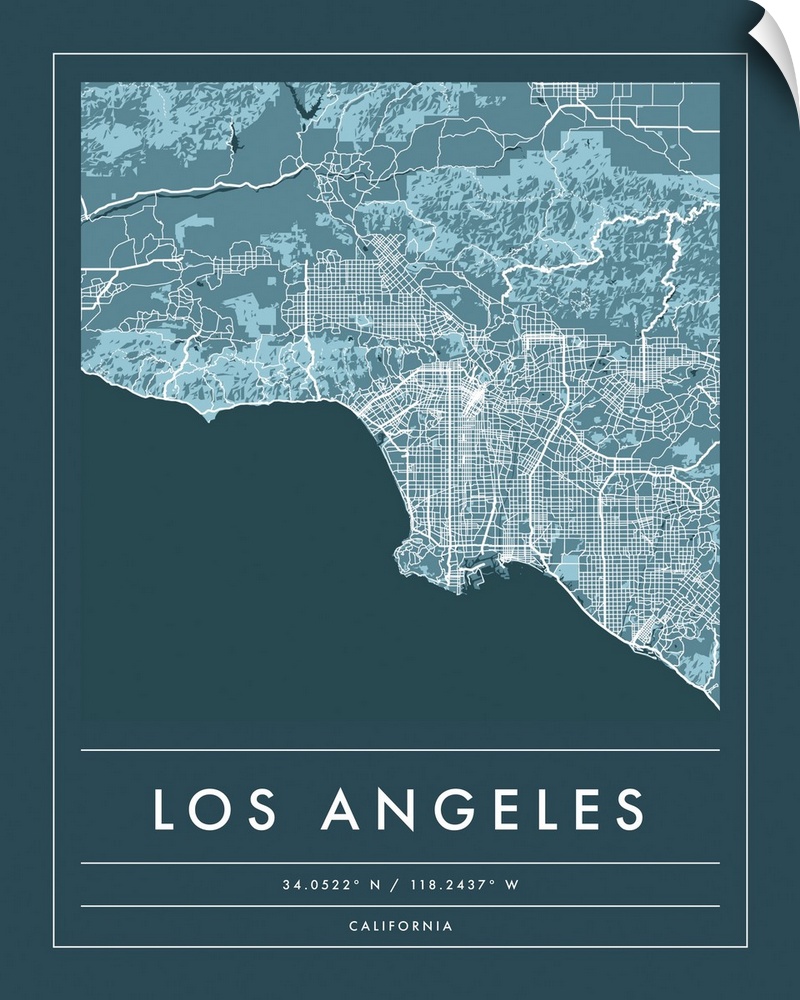 Navy minimal city map of Los Angeles, California, USA with longitude and latitude coordinates.
