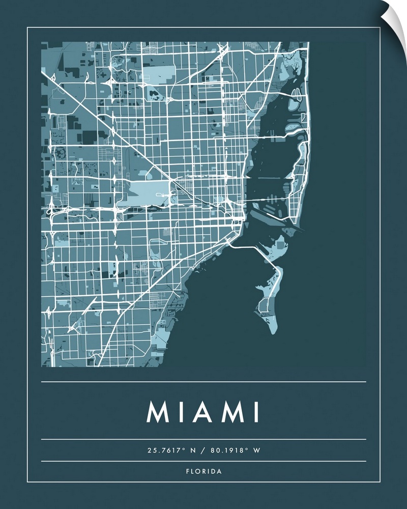 Navy minimal city map of Miami, Florida USA with longitude and latitude coordinates.