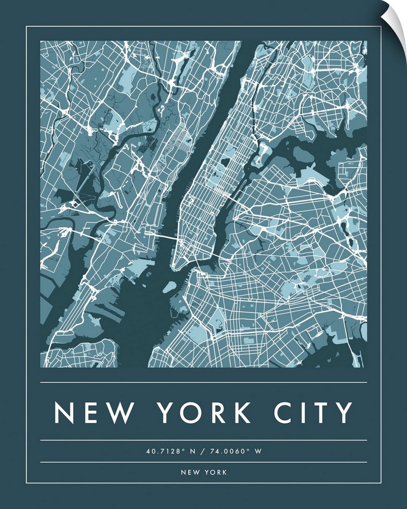 Navy minimal city map of New York City, New York, USA with longitude and latitude coordinates.