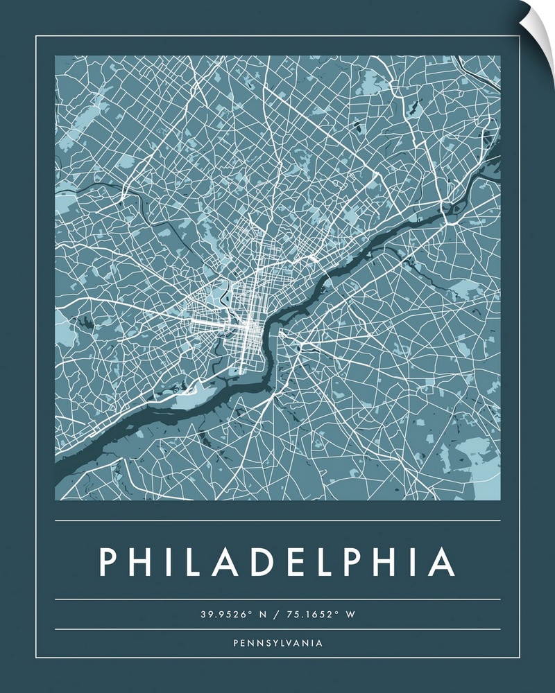 Navy minimal city map of Philadelphia, Pennsylvania, USA with longitude and latitude coordinates.