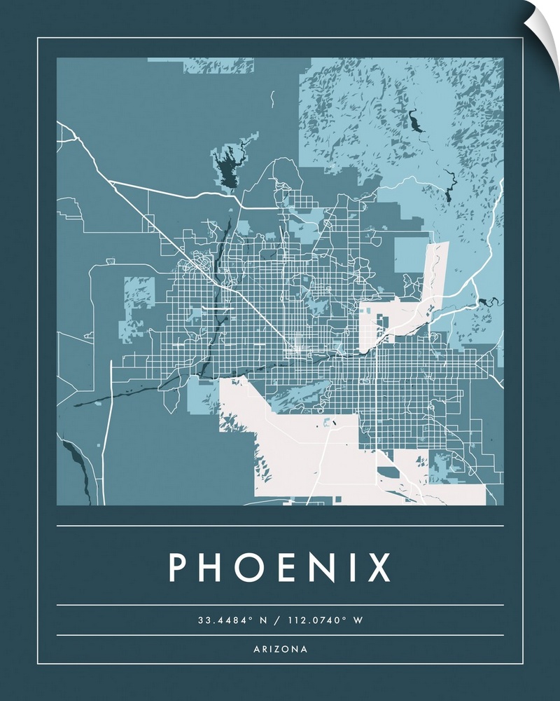 Navy minimal city map of Phoenix, Arizona, USA with longitude and latitude coordinates.