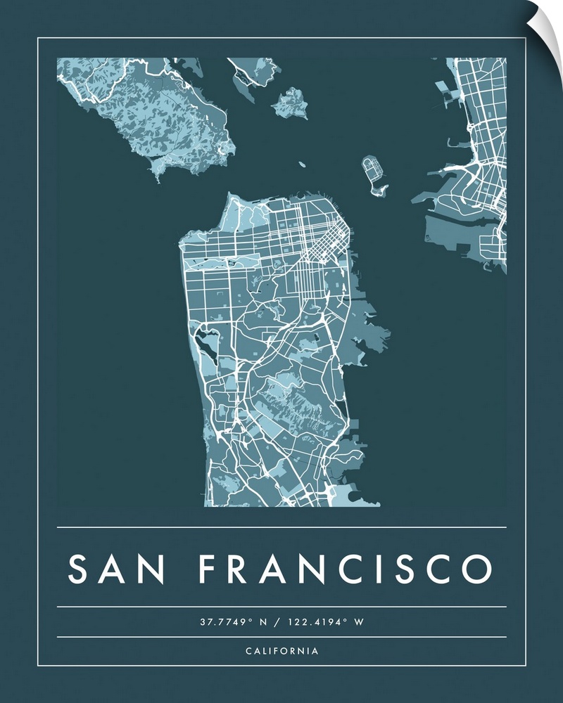 Navy minimal city map of San Francisco, California, USA with longitude and latitude coordinates.