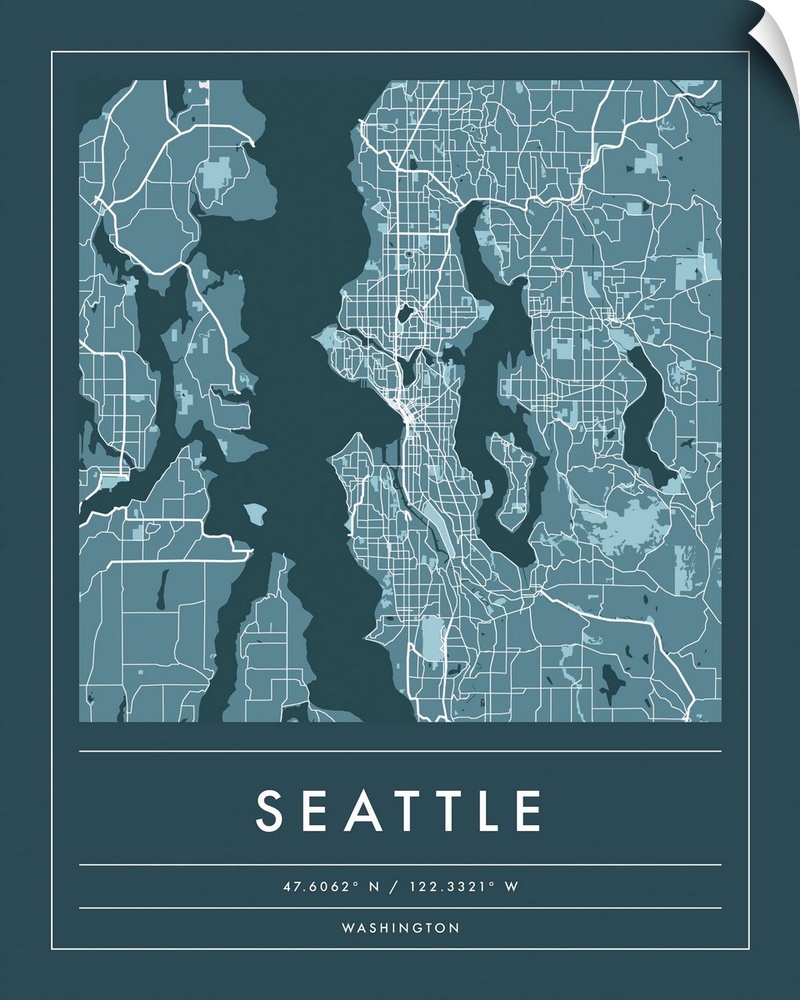 Navy minimal city map of Seattle, Washington, USA with longitude and latitude coordinates.