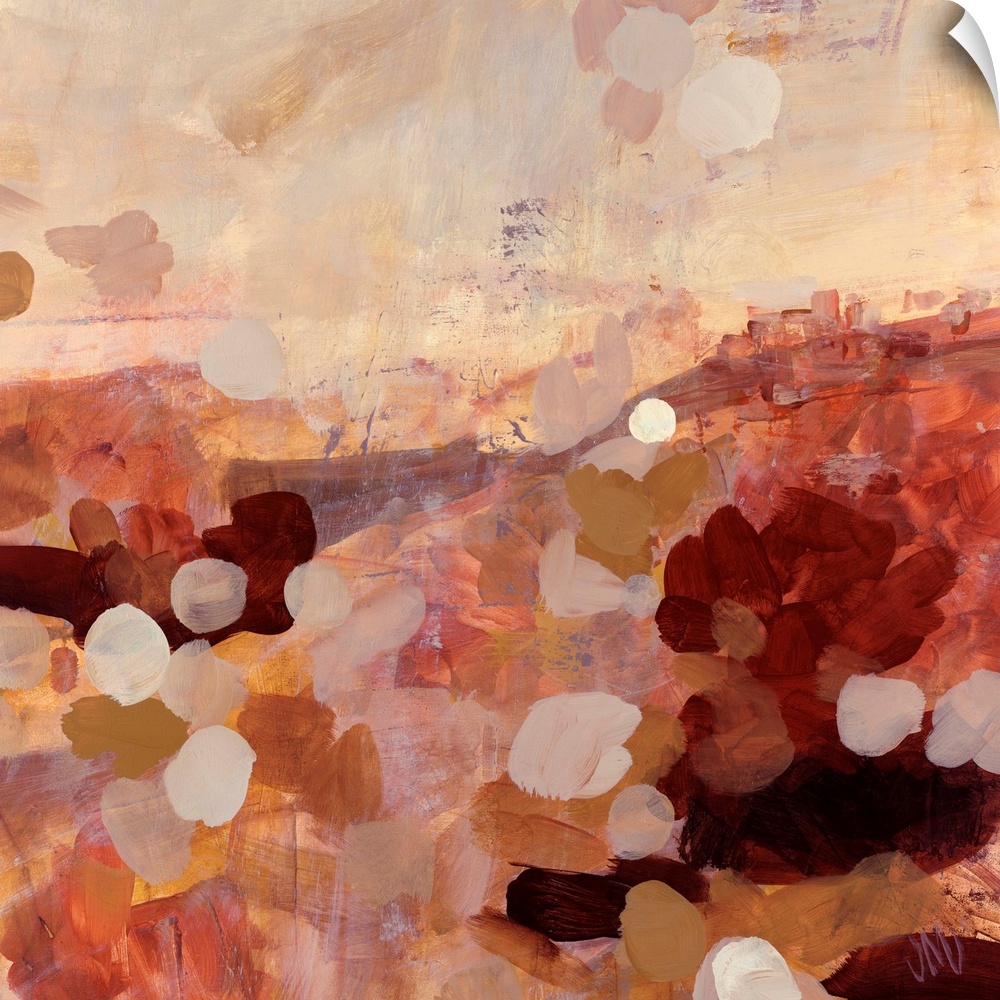 Earth tone abstract painting of layered paint daubs on top of wide brush strokes.