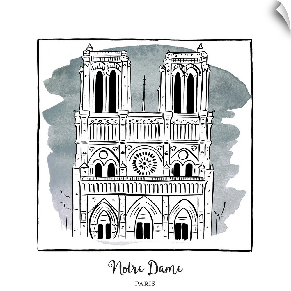 An ink illustration of the Notre Dame Cathedral in Paris, France, with a grey watercolor wash.