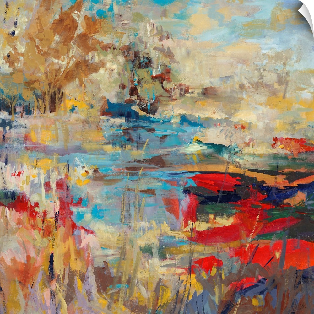 Abstract landscape painting of a creek with hints of poppy red and bright, mustard yellows.