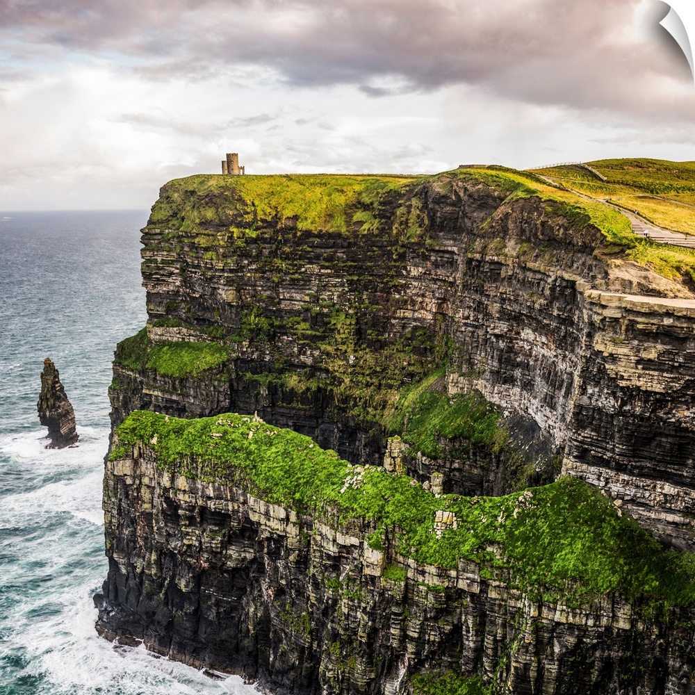 Square photograph of O'Brien's Tower, marking the highest point of the Cliffs of Moher in Ireland.