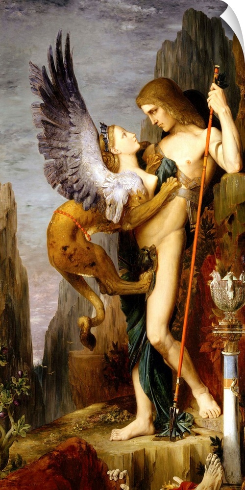 Moreau, at mid-career, made his mark with this painting at the Salon of 1864. It represents the Greek hero Oedipus confron...
