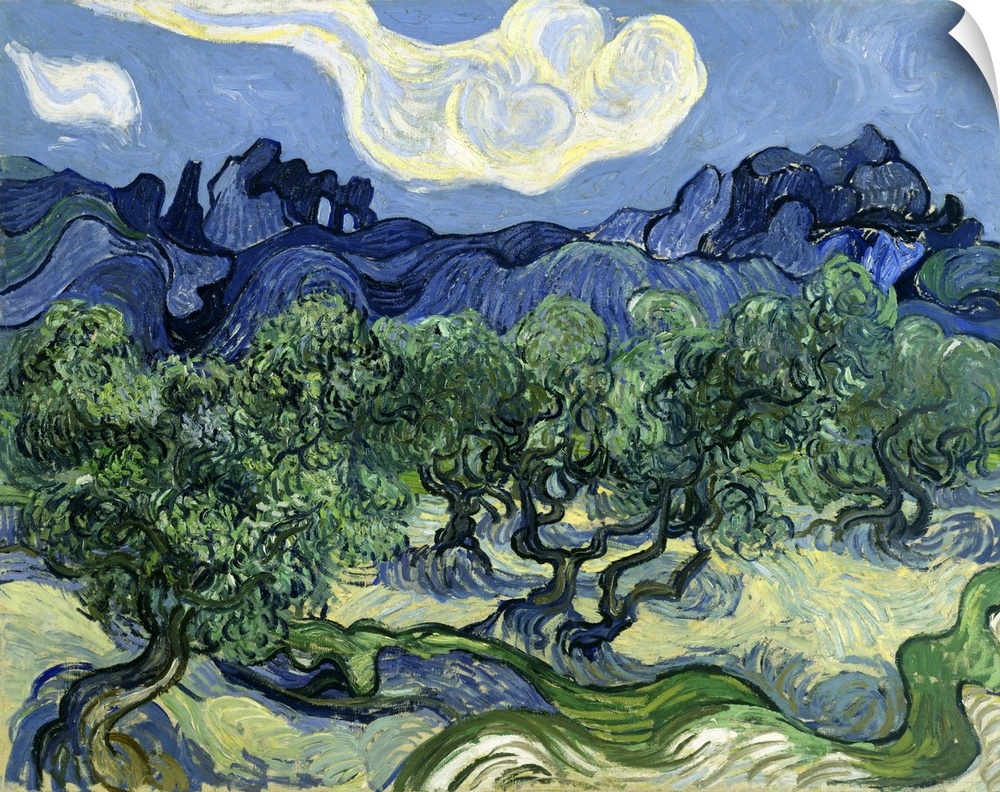 Vincent van Gogh's Olive Trees with the Alpilles in the Background (1889) famous landscape painting.