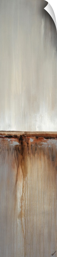 Abstract painting with a composition of cool grays and tan divided in three sections.