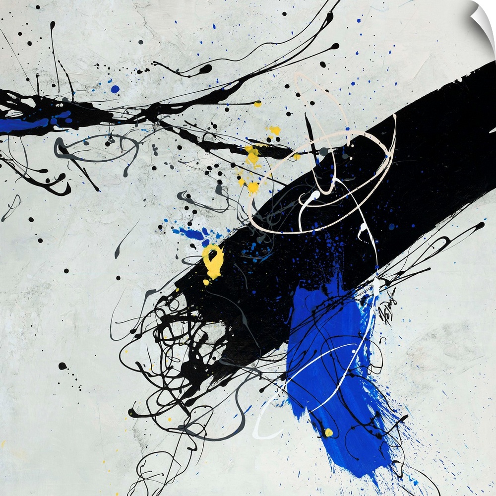 Contemporary abstract painting of a large black brushstroke accented with electric blue and cool yellow accents.