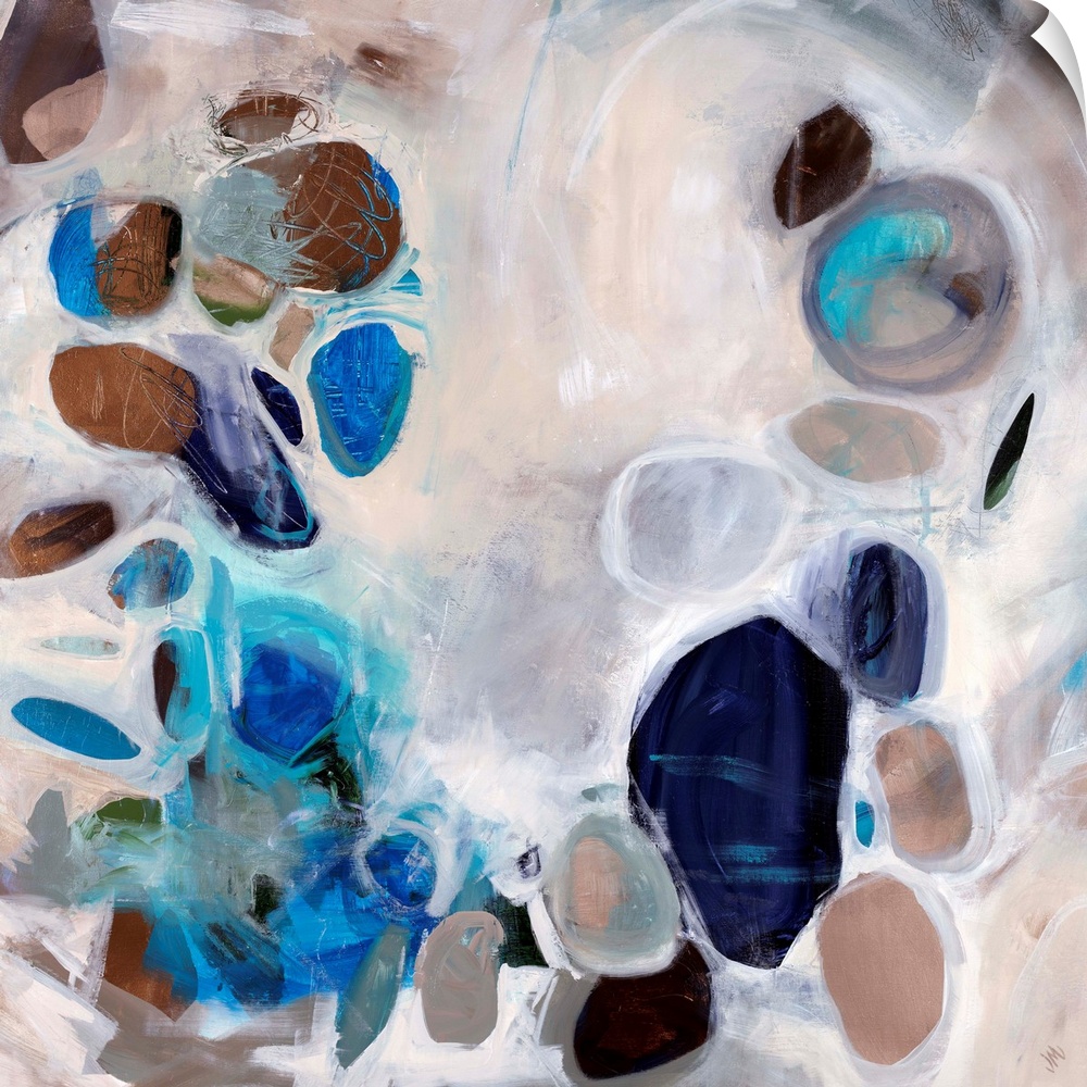 Contemporary abstract painting of stone-like shapes in blues and browns over a neutral background.